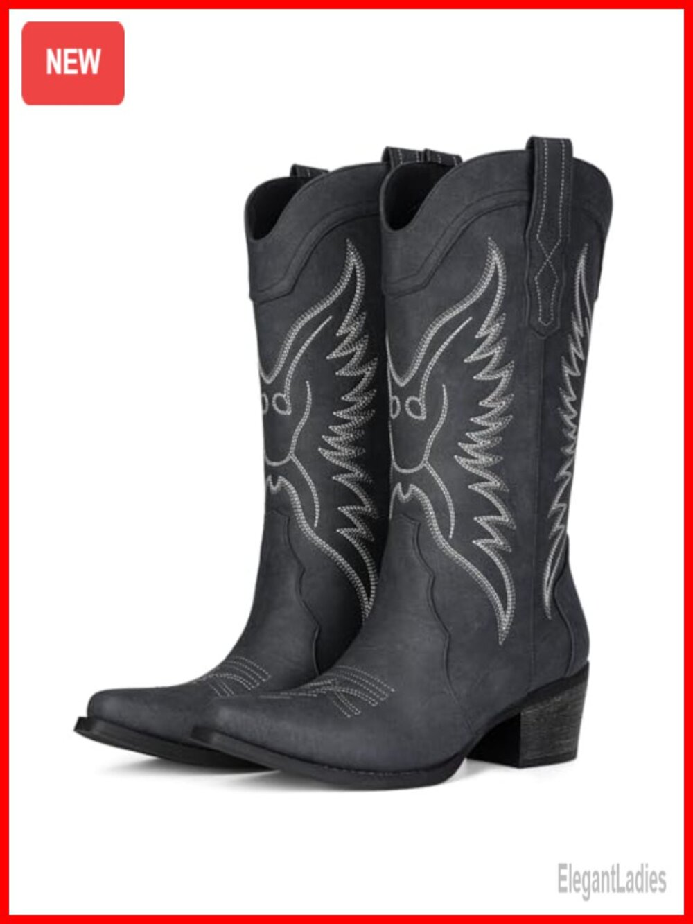 Western Cowboy Boots Faux Leather Snip Toe Mid Calf Chunky Heel
